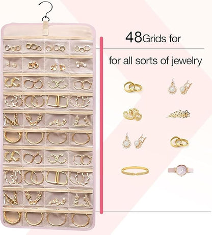 Hanging Jewelry Organizer Storage Roll with Hanger Metal Hooks Double-Sided Jewelry Holder for Earrings, Necklaces, Rings on Closet, Wall, Door,Large 14.17' x 33.07'',pink