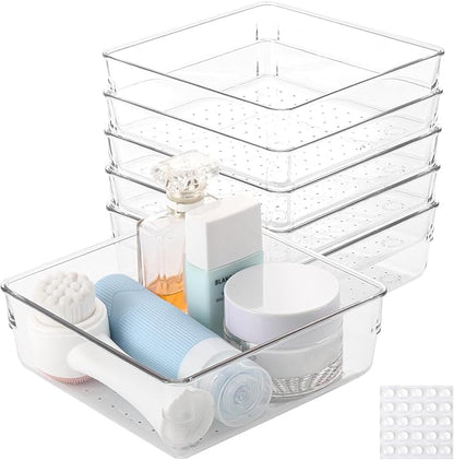 6 Pcs Large Clear Plastic Drawer Organizers Tray 6" x 6" Storage Bins with 25 Pcs Non-Slip Pads for Makeup, Jewelries, Kitchen Utensils, Bathroom and Office