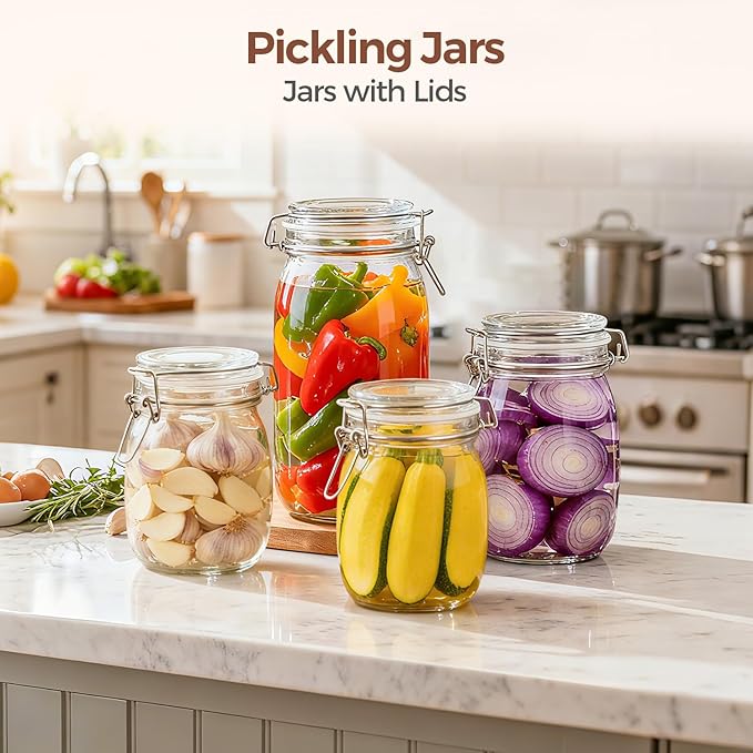 ComSaf 71oz Glass Canisters with Airtight Clamp Lids (Set of 3), 2.1L Large Fermentation & Pantry Jars for Bulk Food Storage, Ideal for Flour, Sugar, Sourdough Starter, and Pickling - 2.2 Quart