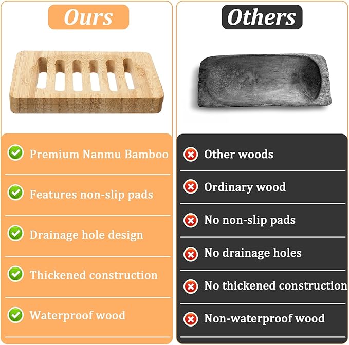 2 Pack Wooden Soap Holder Waterproof Self Draining Soap Dish Wood Soaps Tray for Shower Bathroom Kitchen Bathtub