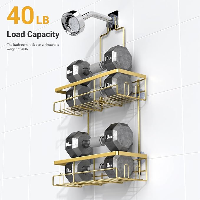 AKTECKE Shower Caddy Hanging Bathroom Organizer: Rustproof Shelf for Inside Shower - No Drilling Racks Over Showerhead - Bath Shelves for Shampoo Soap Gold