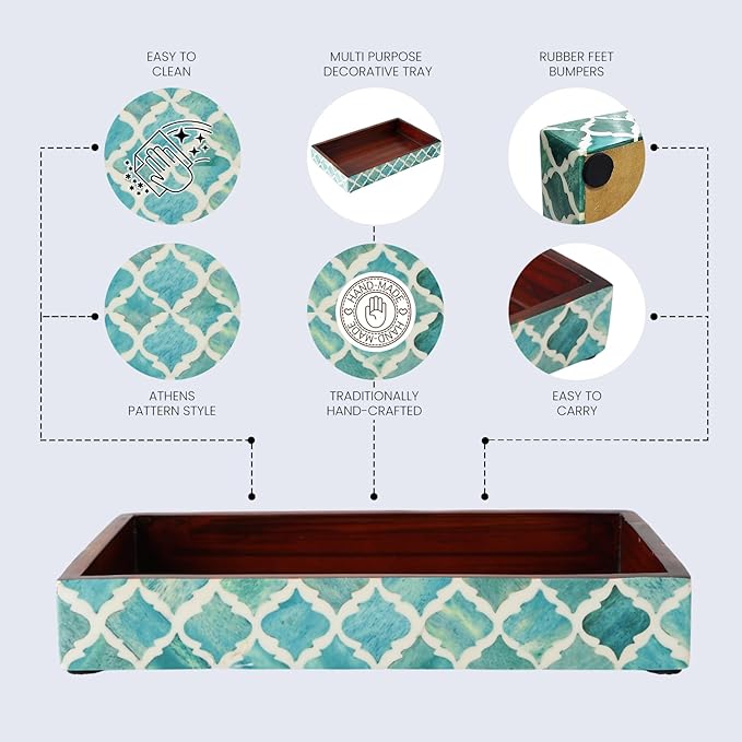 Handicrafts Home 10"x6" Vanity Tray for Bathroom Countertop, Moroccan Bone Inlay Decorative Organizer Tray for Perfume, Jewelry, Cosmetics & Dresser Decor, Rectangular Catchall Tray, Green White