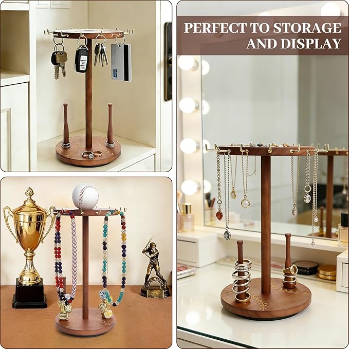 Baseball Necklace Holder,Baseball and Softball Jewelry Organizer,Wooden Ring Holder Display with Baseball Drip,360° Rotating Championship Ring Display.Baseball & Softball Gift for Players Fans.