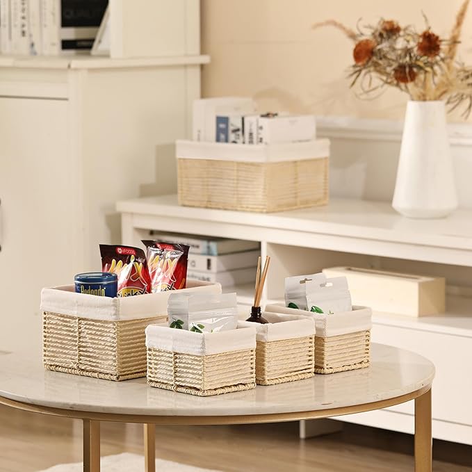 Vagusicc Wicker Storage Basket, Hand-Woven Paper Rope Basket, Rectangular Small Basket for Organizing, Cube Storage Bin for Closet/Clothes/Dresser, Beige, 5-Pack
