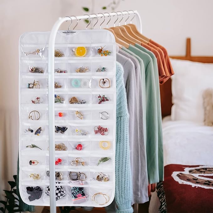Bloss Hanging Jewelry Organizer With 80 Pockets Double-Side Dating Gifts Jewelry Storage Hanger For Accessories Jewelry Earring Holder Storage for Closet,Wall, Door, Travel-White