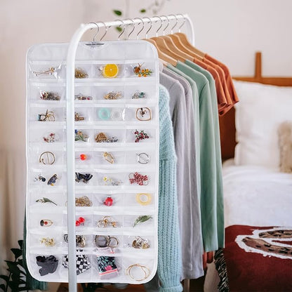 Bloss Hanging Jewelry Organizer With 80 Pockets Double-Side Dating Gifts Jewelry Storage Hanger For Accessories Jewelry Earring Holder Storage for Closet,Wall, Door, Travel-White