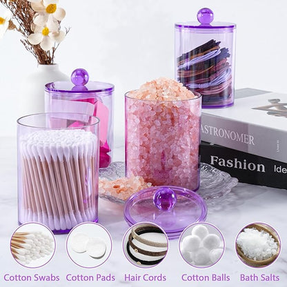 XIPENGKEJI 4 Pack Qtip Holder,Canister Apothecary Jar Set, Bathroom Jars with Lids Set for Cotton Swabs, Balls, Pads, Floss Picks,10oz-12oz Plastic Canisters Restroom Bedroom Vanity Organizer(Purple)