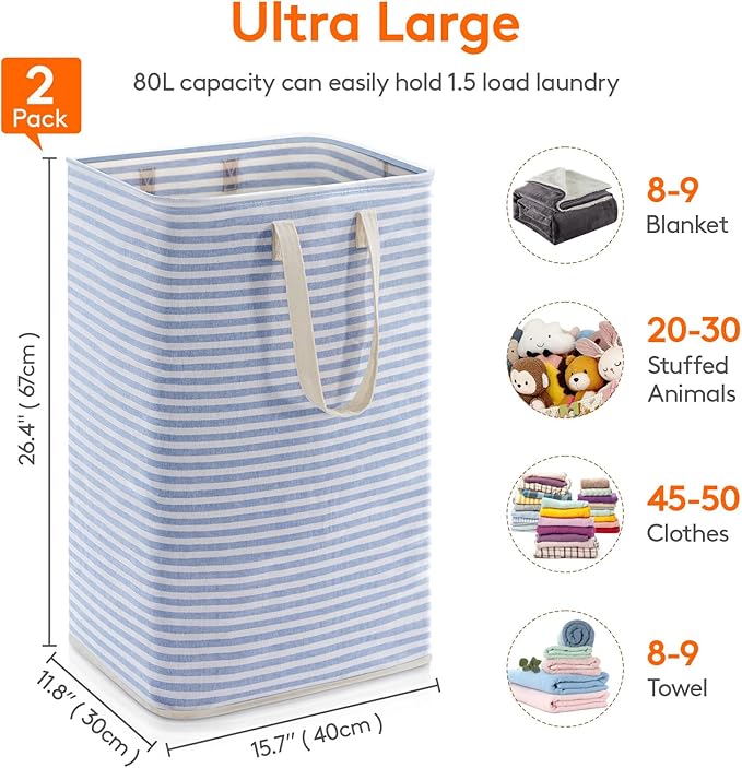 Lifewit 2 Pack Laundry Basket 80L Each, Collapsible Clothes Hamper with Reinforced Handles, Freestanding Waterproof Design for Bedroom and Laundry Room, Grey&Blue 160L Total