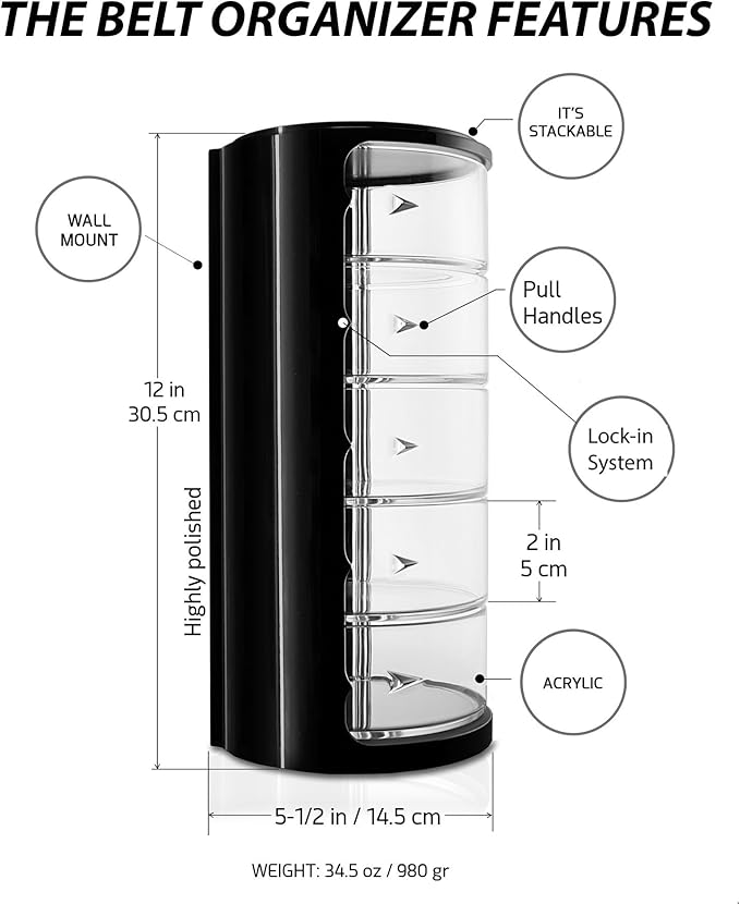 ELYPRO - Acrylic Belt Organizer, Rotating Drawer Storage for Belts, Jewelry, Makeup & Accessories – Transparent, Stackable, Wall-Mountable Design for Closet, Dresser, Vanity – Design Patent Protected