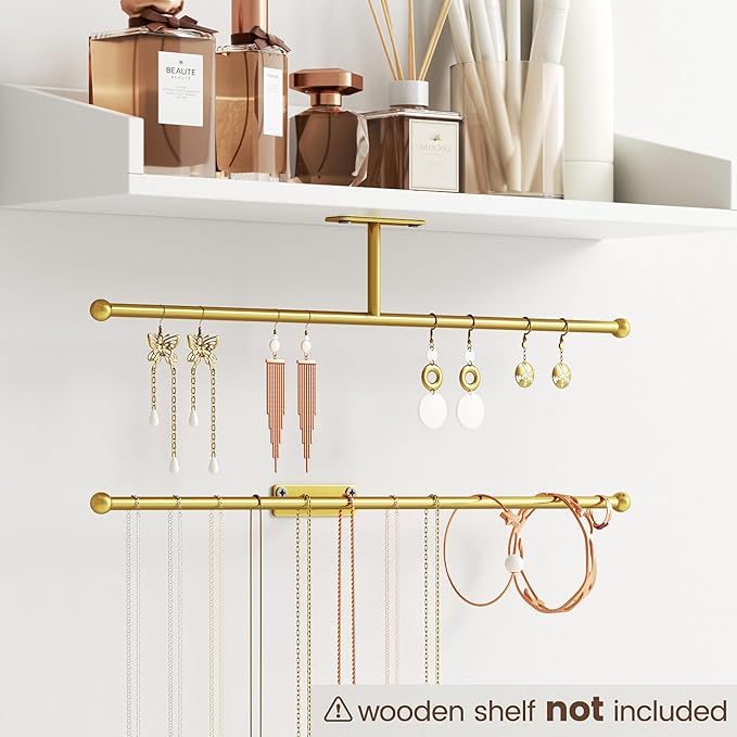 Wall Hanging Jewelry Organizer: 12.6'' Necklace Holder for Earring, Bracelet, Rings, Hairband, Glasses, Gold 2-Pack, Screws Included