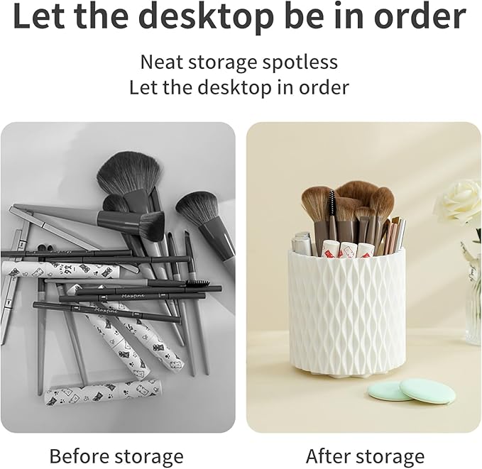 Makeup Brush Holder with Lid, 360° Rotating Dustproof 5-Slot Cosmetic Organizer for Vanity Countertop, Spinning Brush Caddy with Cover for Lipstick, Hair Brush & Art Supply, White