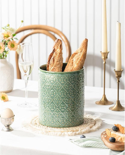 Kitchen Utensil Holder, 6x7 inch Large Ceramic Utensil Holder with Embossed Pattern, Cooking Utensil Crocks for Kitchen Countertop, Home Decor, Forest Green