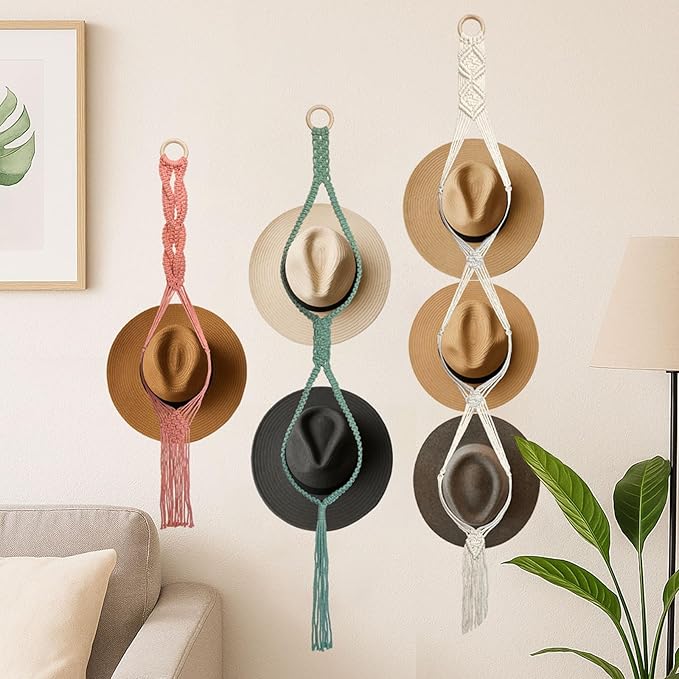 Besoamo Macrame Hat Hanger for Wall, Boho Hat Rack for Wall Hanging Hat Display, Hand-woven Hat Organizer for Wide-Brim Hat, Decorative Bohemian Hat Storage Cowboy Hat Holder(3 Styles and 3 Colors)