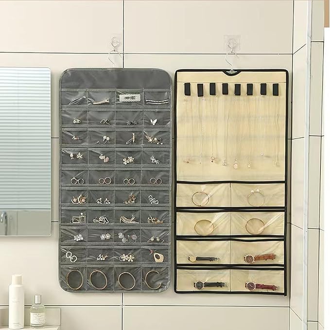 2 Pack Dual-Sided Hanging Jewelry Organizer with 128 Pockets & 8 Necklace Hooks, Wall Closet Door Jewelry Holder for Earrings, Bracelets, Necklaces Display Storage