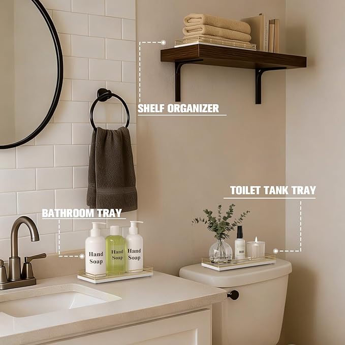 Bathroom Vanity Tray for Countertop, 12" x 6" Oak Wood Toilet Tank Tray with Metal Guardrail, Bathroom Organizer for Soap, Perfume & Skincare, Non-Slip Decorative Tray for Dresser, Gold & White