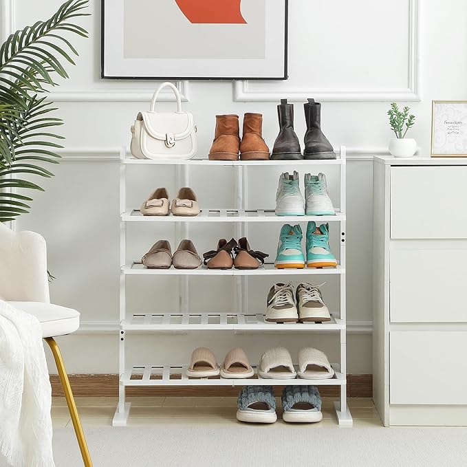 Varhomax White Shoe Rack, 5-Tier Bamboo Shoe Rack Organizer for Closet and Entryway, Thick Wooden Free Standing Shoe Shelf for Small Spaces, Sturdy & Versatile for Bedroom and Garage