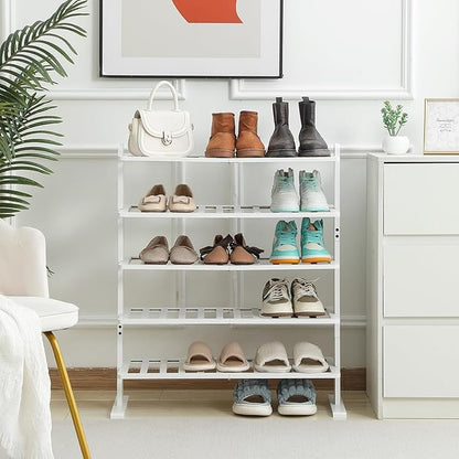 Varhomax White Shoe Rack, 5-Tier Bamboo Shoe Rack Organizer for Closet and Entryway, Thick Wooden Free Standing Shoe Shelf for Small Spaces, Sturdy & Versatile for Bedroom and Garage