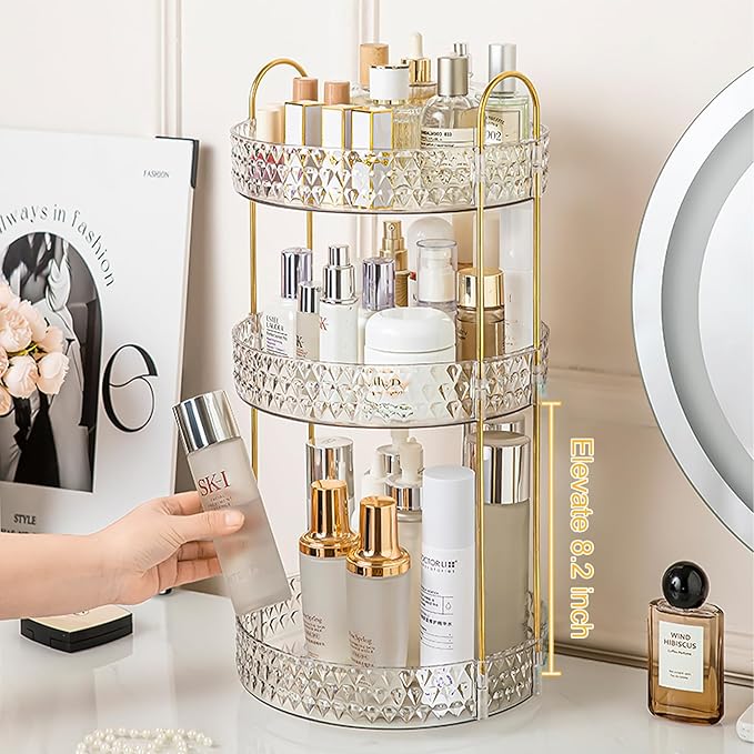 Rotating Makeup Organizer for Vanity, 3 Tier Perfume Skincare Storage for Women, Bathroom Counter Organizer, 360° Spinning Cosmetic Holder for Dresser Countertop, Clear