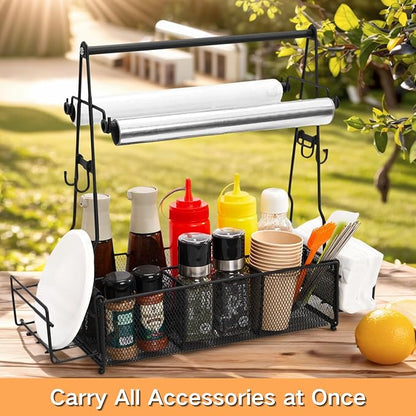 Grill Caddy, BBQ Caddy with Paper Towel Holder and 2 Hooks, Grill Utensil Organizer for Camping Outdoor Barbecue Accessories Organizer, Grilling Gifts for Men