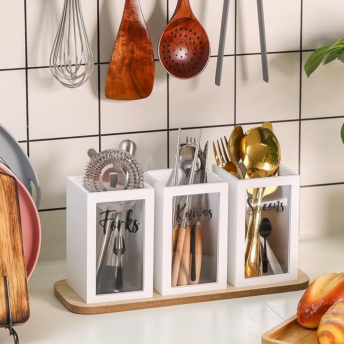 Gejoy Acrylic Silverware Cutlery Holder Flatware Caddy Utensil Holder with Wood Tray Spoon Fork Knives Flatware Dispenser for Kitchen Table Countertop Silverware Storage Organizer(White)