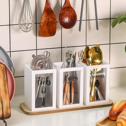 Gejoy Acrylic Silverware Cutlery Holder Flatware Caddy Utensil Holder with Wood Tray Spoon Fork Knives Flatware Dispenser for Kitchen Table Countertop Silverware Storage Organizer(White)