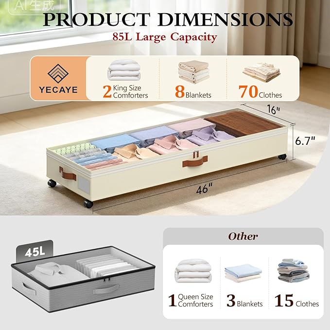 Yecaye 85 L Under Bed Storage with Wheels, 2 Pack Under Bed Storage Containers with Adjustable Dividers & Lids, Large Rolling Underbed Organizer Bins Drawers for Clothes, Shoes, Blankets Toys, Beige