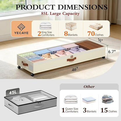Yecaye 85 L Under Bed Storage with Wheels, 2 Pack Under Bed Storage Containers with Adjustable Dividers & Lids, Large Rolling Underbed Organizer Bins Drawers for Clothes, Shoes, Blankets Toys, Beige