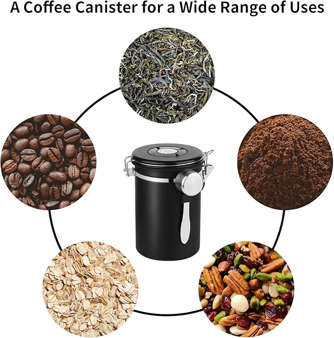 Ohtomber Coffee Canister Storage Container - 22OZ Stainless Steel Airtight Coffee Bean Storage Grounds Container with Date Tracker & Measuring Scoop, Kitchen Food Canister Jar for Cereal, Sugar, Tea