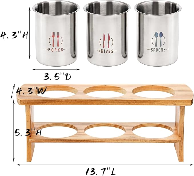 Lyellfe Silverware Holder for Countertop, Stainless Steel Cutlery Utensil Organizer with Bamboo Stand, Flatware Holder for Spoon, Fork, and Knife