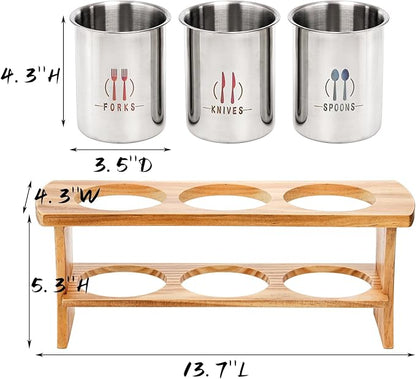 Lyellfe Silverware Holder for Countertop, Stainless Steel Cutlery Utensil Organizer with Bamboo Stand, Flatware Holder for Spoon, Fork, and Knife
