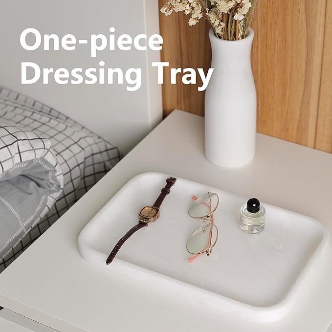 Karibiber Vanity Tray, 11.8inch Marble Bathroom Tray for Countertop, White Marble Bathroom Dresser, Stone Serving Tray for Kitchen Counter, Storage Organizer for Decor, Perfume, Jewelry