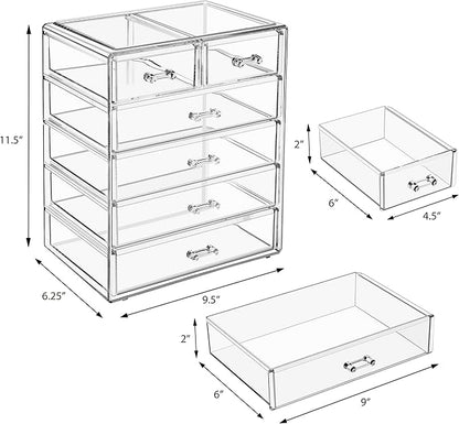 Sorbus Acrylic Makeup Organizer Set, 6-Drawer Vanity & Countertop Cosmetic Storage with Small & Wide Drawers, Clear Makeup Storage for Brushes, Lipsticks, Jewelry – Holiday Gift for Women & Teens