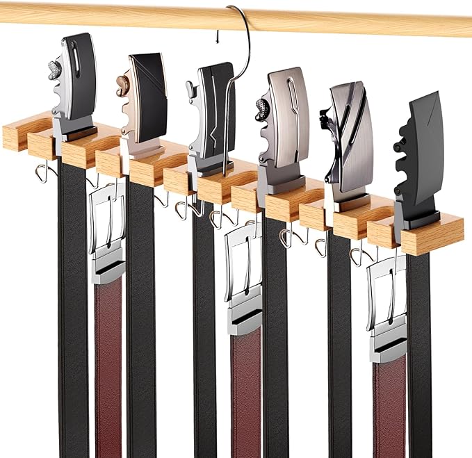Belt Hanger for Closet Max 42 Belts, 2-in-1 Wall Mount Belt Organizer with 360° Rotating Hooks, Wooden Tie and Belt Rack for Closet Accessories Organizers and Storage, 12+11 Storage