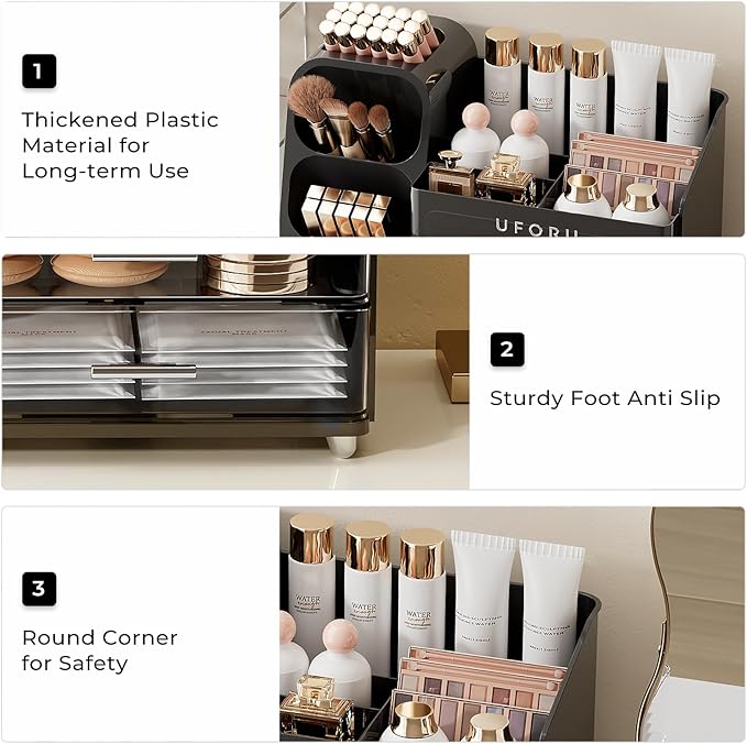 Makeup Organizer for Vanity with Brush Holder, Large Capacity Bathroom Countertop Skincare Organizer with 2 Drawers, Cosmetic Display Case for Perfumes, Eyeshadow Palettes, Nail Polishes