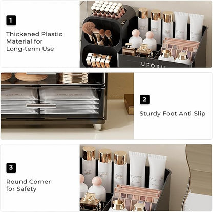 Makeup Organizer for Vanity with Brush Holder, Large Capacity Bathroom Countertop Skincare Organizer with 2 Drawers, Cosmetic Display Case for Perfumes, Eyeshadow Palettes, Nail Polishes