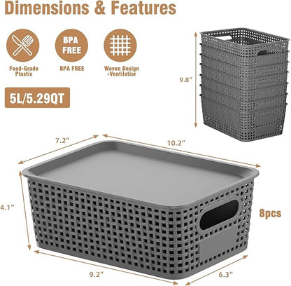 8 Pcs Plastic Storage Baskets with Plastic Lids and Labels 5.29qt Stackable Box Basket Pantry Decorative Containers, Small Storage Bins for Desktop Organizing Shelves Drawers Cabinets 10*7.2*4.1"