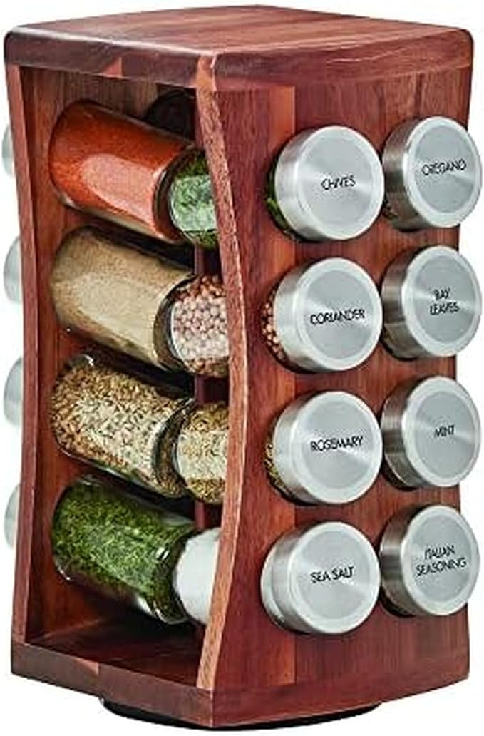 Kamenstein 16 Jar Hourglass Revolving Countertop Spice Rack with Spices Included, FREE Spice Refills for 5 years, Acacia with Stainless Steel Caps
