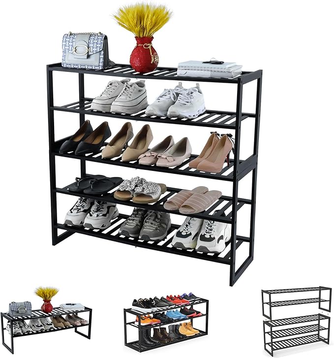 Jripae Shoe Rack Bamboo 5 Tier Shoe Organizer, Storage 20-25 Pairs for Closet Entryway, Stackable Large Tall Shoe Shelf Holder Stand Cubby for Door Hallway Bedroom Garage