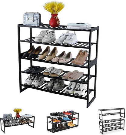 Jripae Shoe Rack Bamboo 5 Tier Shoe Organizer, Storage 20-25 Pairs for Closet Entryway, Stackable Large Tall Shoe Shelf Holder Stand Cubby for Door Hallway Bedroom Garage