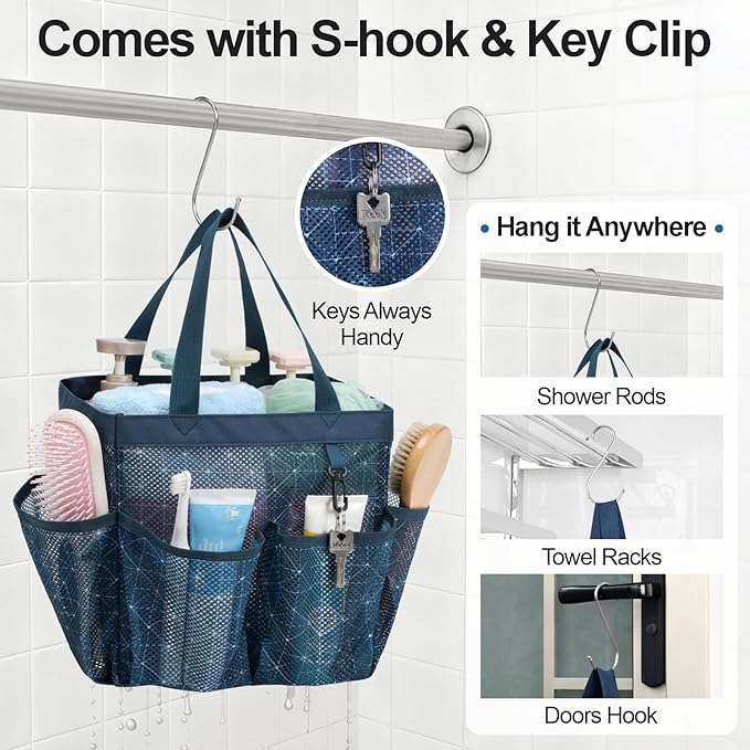 F-color Mesh Shower Caddy Portable, Upgrade Deeper 7 Pockets Shower Bag Basket Tote for College Dorm Room Toiletry Bathroom Essentials Gym Camp Quick Dry 2 handles with S Hook, Starlight Navy