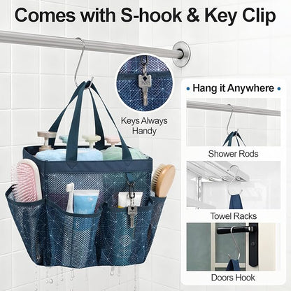 F-color Mesh Shower Caddy Portable, Upgrade Deeper 7 Pockets Shower Bag Basket Tote for College Dorm Room Toiletry Bathroom Essentials Gym Camp Quick Dry 2 handles with S Hook, Starlight Navy