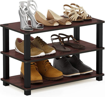 Furinno Turn-S-Tube Shoe Rack, 3-Tier Small Shoe Organizer, Toolless Shoe Storage, 11.6 x 23.6 x 22.2, Easy Assembly, for Closet Entryway, Office, Garage, Cherry Oak