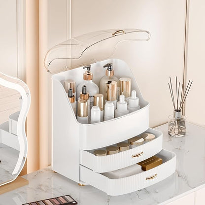 Makeup Organizer Countertop Vanity with Transparent Lid Drawers Waterproof Dustproof Cosmetic Skincare Bathroom Storage Gift for Women Teens Girls (Whtie)