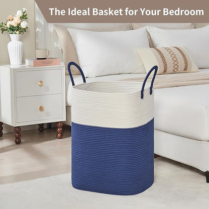 AINUOQI Laundry Basket with Handles - Blanket Basket & Hampers for Bedroom Aesthetic, Laundry Hamper & Blanket Storage for Living Room, Clothes Hamper, Tall, Large 17" x 14" x 23”, White & Dark Blue