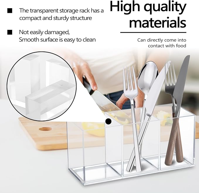 2 Pack Clear Makeup Brush Holder, 3 Compartment Plastic Pen Organizer, Acrylic Silverware Caddy for Storage Desk Vanity Pencil Utensil Marker Cutlery (Clear)