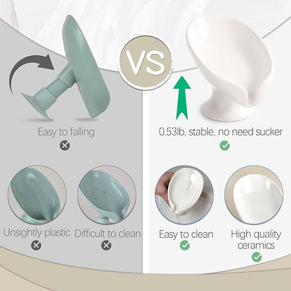 Soap Dish, Self Draining Bar Soap Holder for Bathroom Sink, Leaf-Shaped Drainage Ceramic Cream White Porcelain Decorative Soap Dish, ANTIS'S HOME