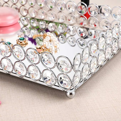 Hipiwe Crystal Cosmetic Vanity Tray, Mirrored Decorative Jewelry Organizer Tray for Perfume, Trinket, Makeup Display Dresser Home Decor (Large, Silver)