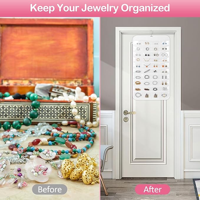2 Pack Hanging Jewelry Organizer, 80 Clear Pockets earring organizer and storage, Accessories holder organizer for Closet, Jewelries, Necklace, Travel