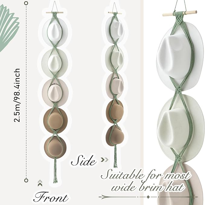 Yulejo Macrame Hat Hangers Racks Boho Cowboy Hats Holders Western Display Organizer Storage decor Back of Door for Wall(Sage Green,Five Hats Style)