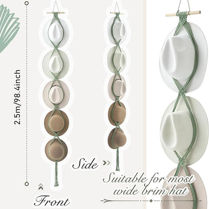 Yulejo Macrame Hat Hangers Racks Boho Cowboy Hats Holders Western Display Organizer Storage decor Back of Door for Wall(Sage Green,Five Hats Style)